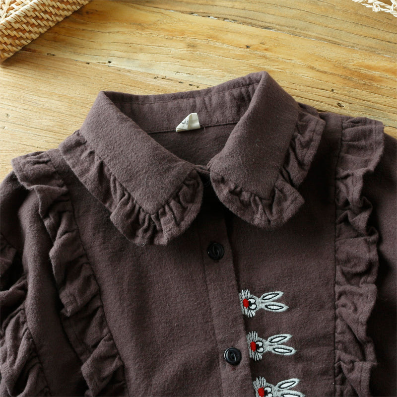 Women&#039;s Blouses & Shirts Lamtrip Kawaii Bunny Embroidery Ruffles Patchwork Peter Pan Collar Long Sleeve Shirt Blouse 2021 Spring H