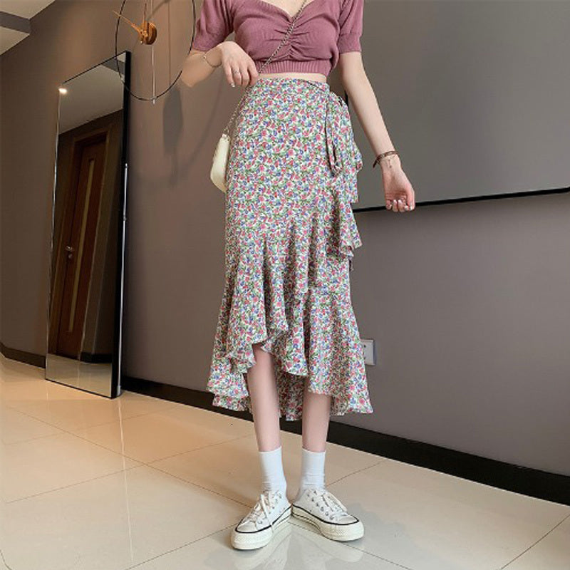 Skirts One-piece skirt 2021 summer long irregular lotus leaf side chiffon fishtail crushed flower oil painting 6IXA