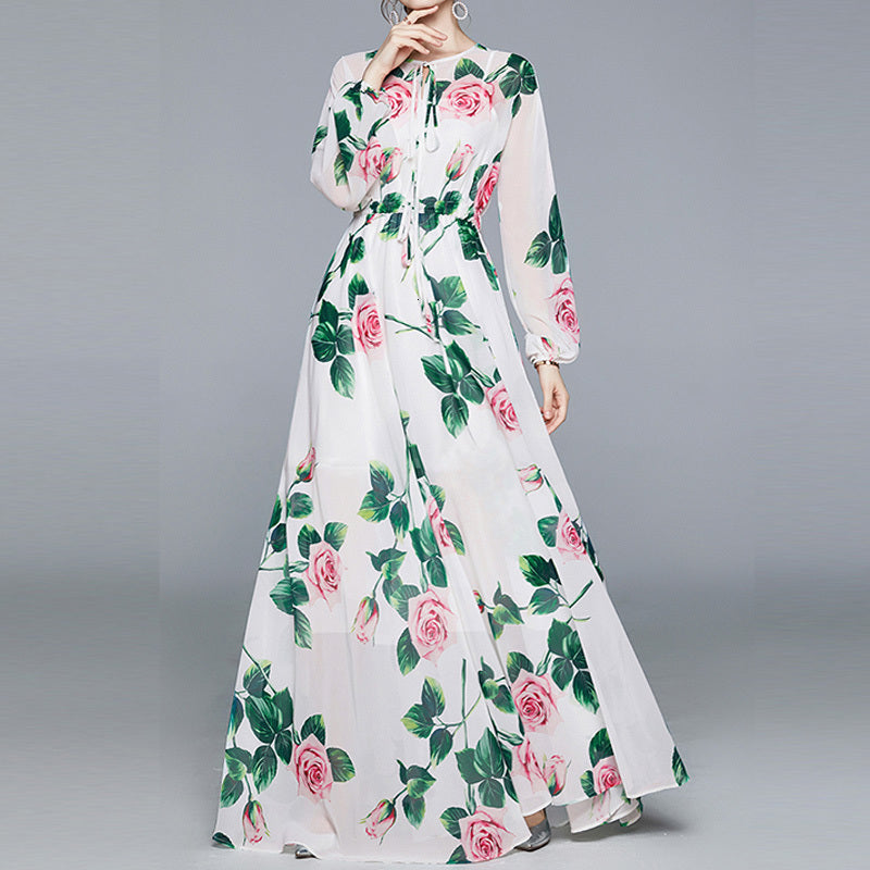 Casual Dresses Spring Elegant Flower Printed Bubble Long Sleeved Sashes Maxi Dress 8K7L