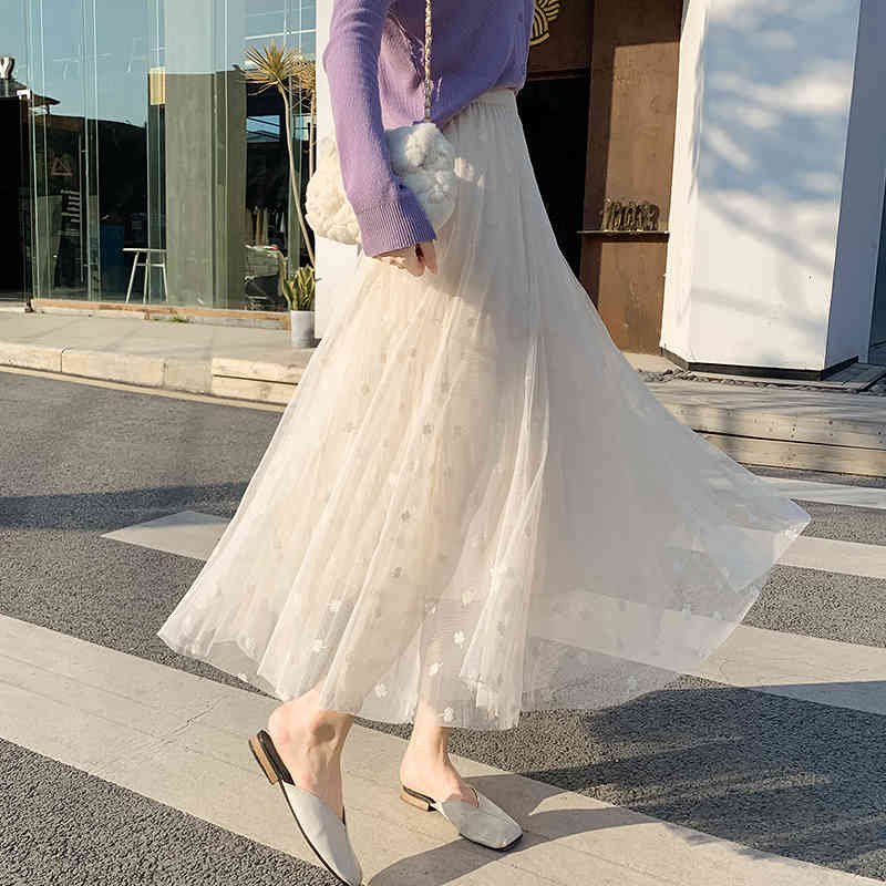 Skirts Spring Fairy White Dobby Puffy A-;line Maxi Long Pleated Tulle 9EVL