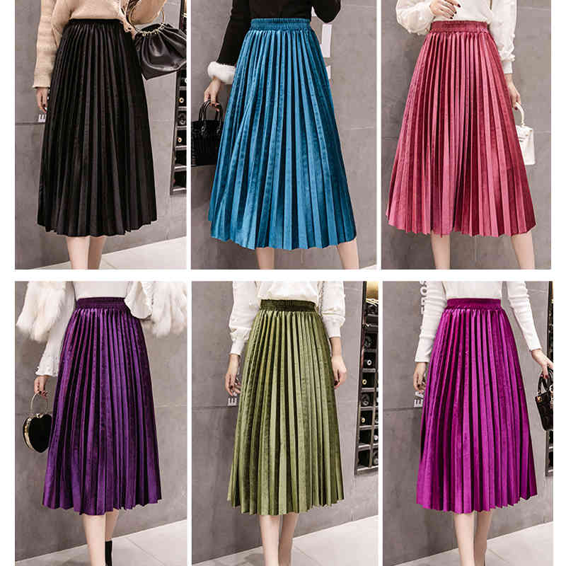 Skirts Autumn Metallic Thick Velvet Pleated Calf Long Skirt Pleuche Lined Winter A-line Drape Swing Red Blue Green 67CN