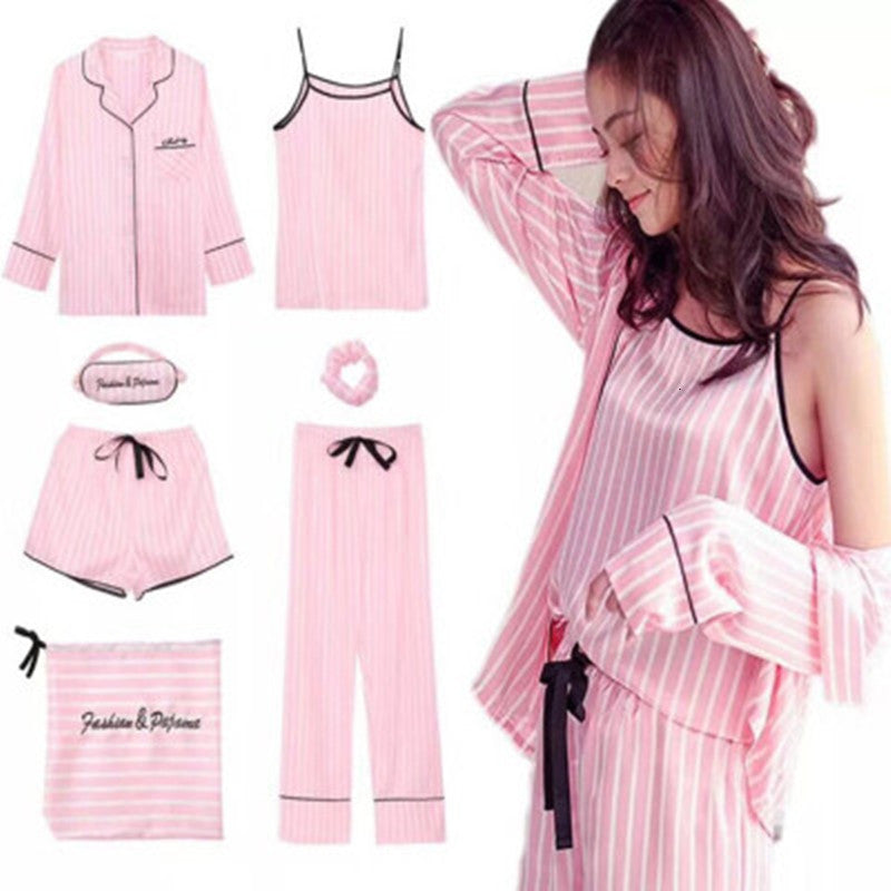 Women&#039;s Sleepwear Pink Striped Pajamas Silk Satin Femme Pajama Set 7 Pieces Stitch lingerie Robe pyjamas Women pjs ENZI