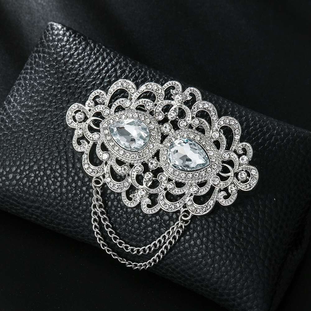 Creative high grade hollow flower brooch chain water drop drill Brooch men&#039;s suit accessories
