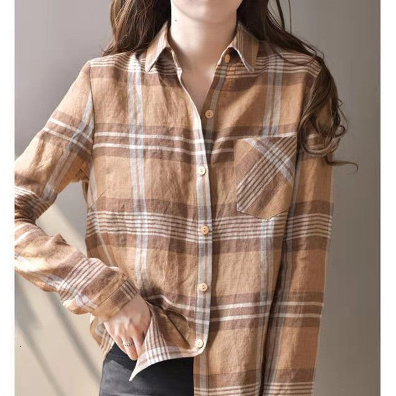 Women&#039;s Blouses & Shirts Arrival Spring Women Loose Turn-down Collar Plaid Cotton Linen Blouse Single Breasted Long Sleeve Casual