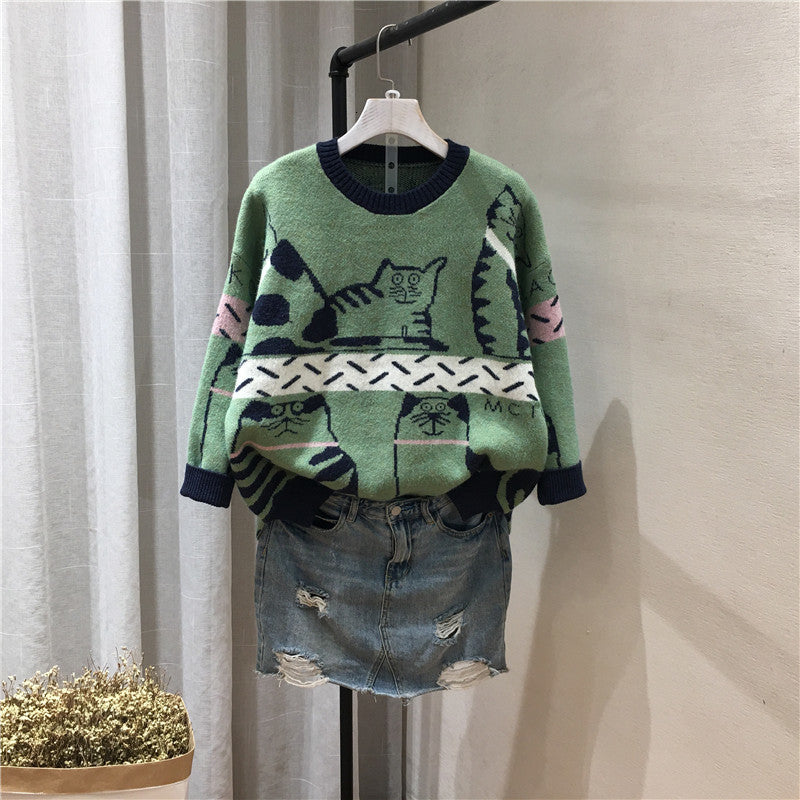 Women&#039;s T-Shirt Lamtrip Unique Sweet Naughty Cats Kitty Pattern O-neck Sweater Kawaii Mori Knitting Pullovers Preppy Style winter