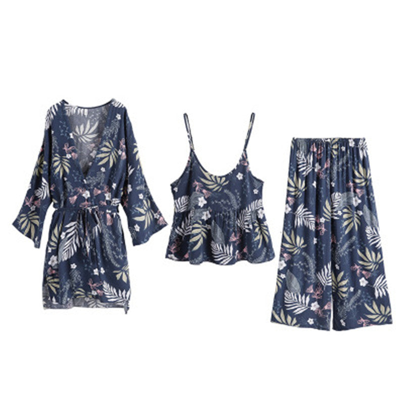 Women&#039;s Sleepwear 3 Piece-Set Pajama Women 100% Cotton Long Robe Sling Vest Pants Print Flower Pyjama Mom Casual Sweet Homewear EW