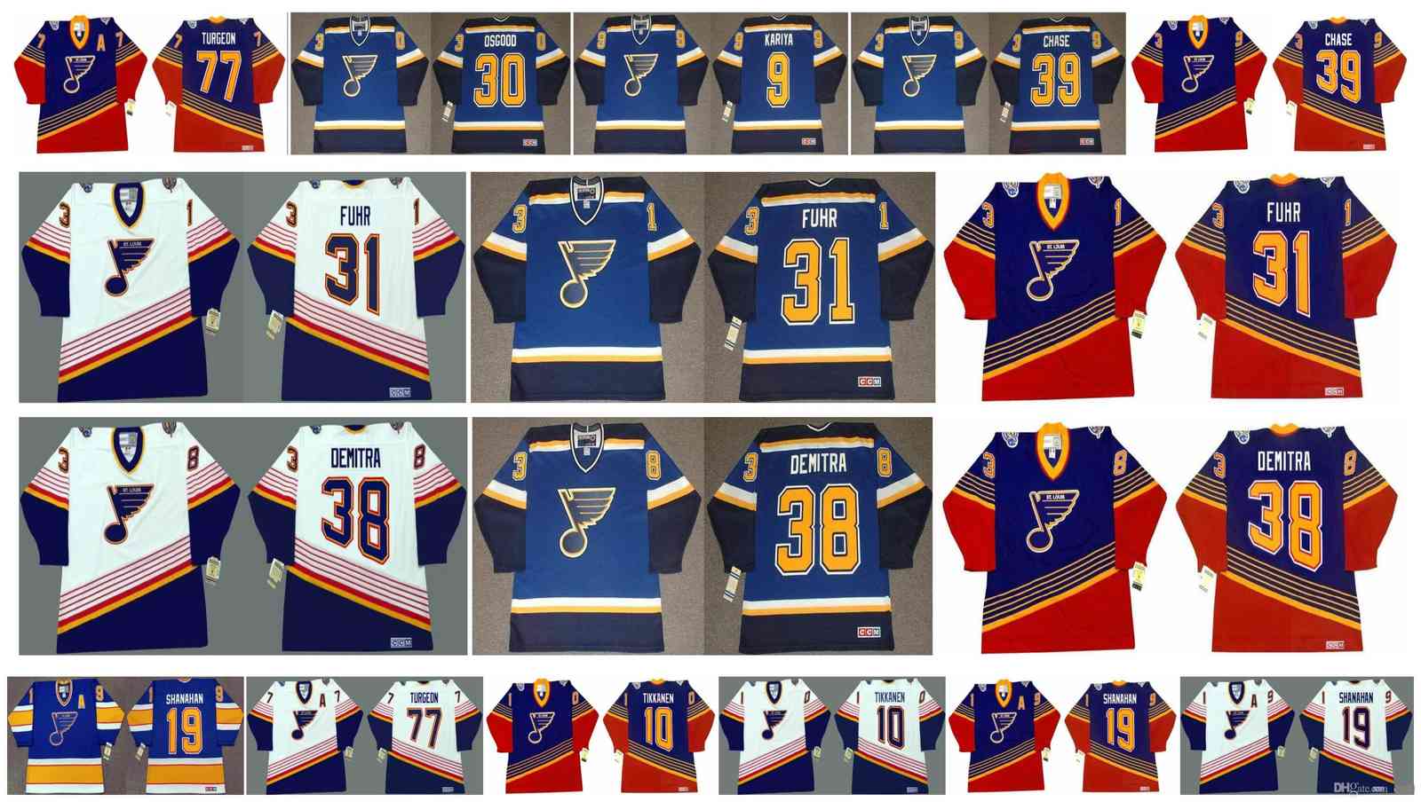 Vintage St. Louis Blues Jersey 30 CHRIS OSGOOD 9 PAUL KARIYA 31 Grant Fuhr 38 PAVOL DEMITRA 39 KELLY CHASE 77 Pierre Turgeon Retro Hockey