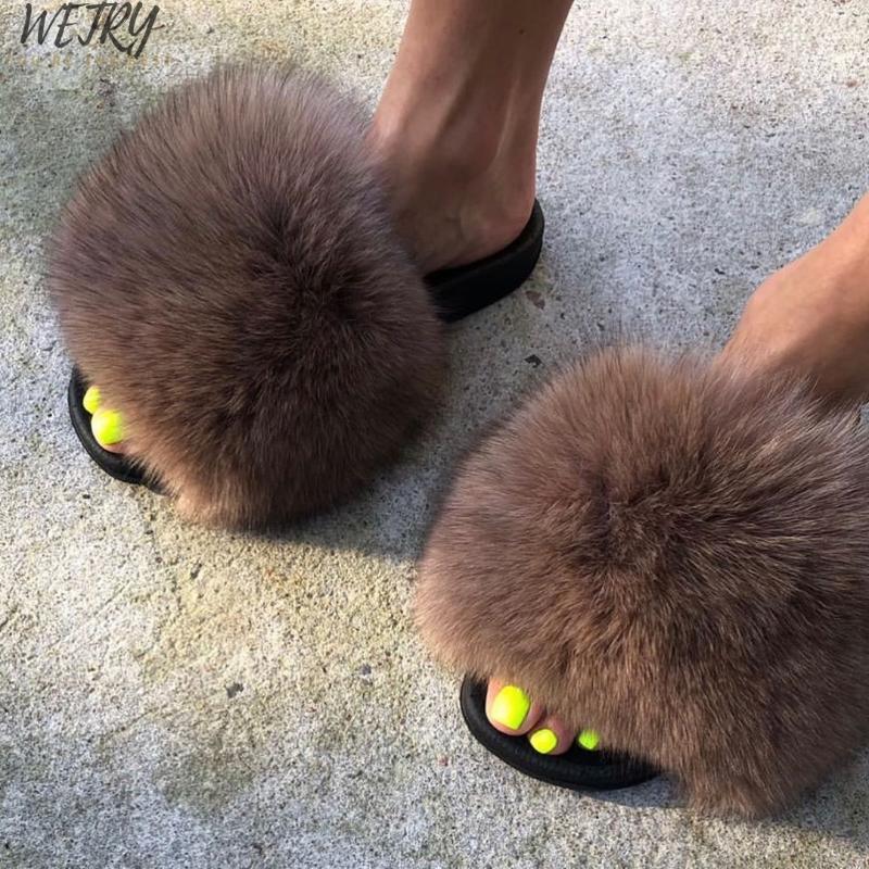 Slippers 2021 Luxury Fur Women Real Raccoon Slides Home Furry Flat Sandals Female Cute Fluffy Wholesale