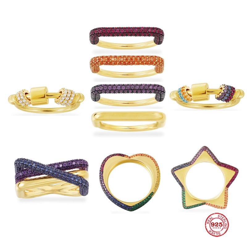 Valentine 925 Sterling Silver With Multi Color Sliding Hoops,Rectangle Ring,Heart Ring,Monaco Diamond-studded Ring Gift Cluster Rings