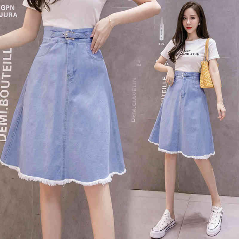 Skirts A Line Denim High Waist With Pockets Korean Style Sky Blue Tassel Midi Jeans Belt Elegant jupe jean Z8JM
