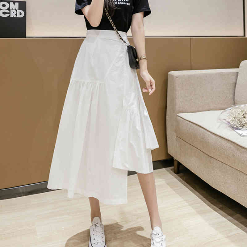Casual Dresses Spring Irregular Solid White Long Cotton Skirt Summer Novelty Patchwork High Low A-line Calf Skirts Black SR0E