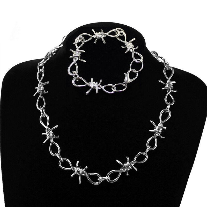 Barbed Wire Necklace Gothic Thorns Choker Bracelet Punk Hip Hop Rock Stainless Steel Set Gift For Women Girls Chains