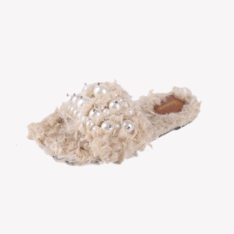 Fur Woolpack Flat Heels Slippers Glitter Pearls Home Slides Furry Open Toe Flip Flops String Bead Plush Shoes Warm Mules Woman