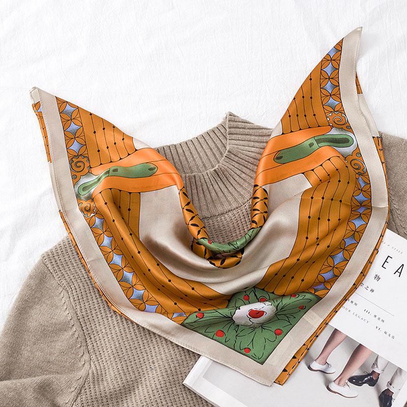 52*52cm Women Scarf Square 100% Real Silk 2021 Fashion Neck Scarves Hijab Bandana Retro Plaid Print Large Headband Kerchief