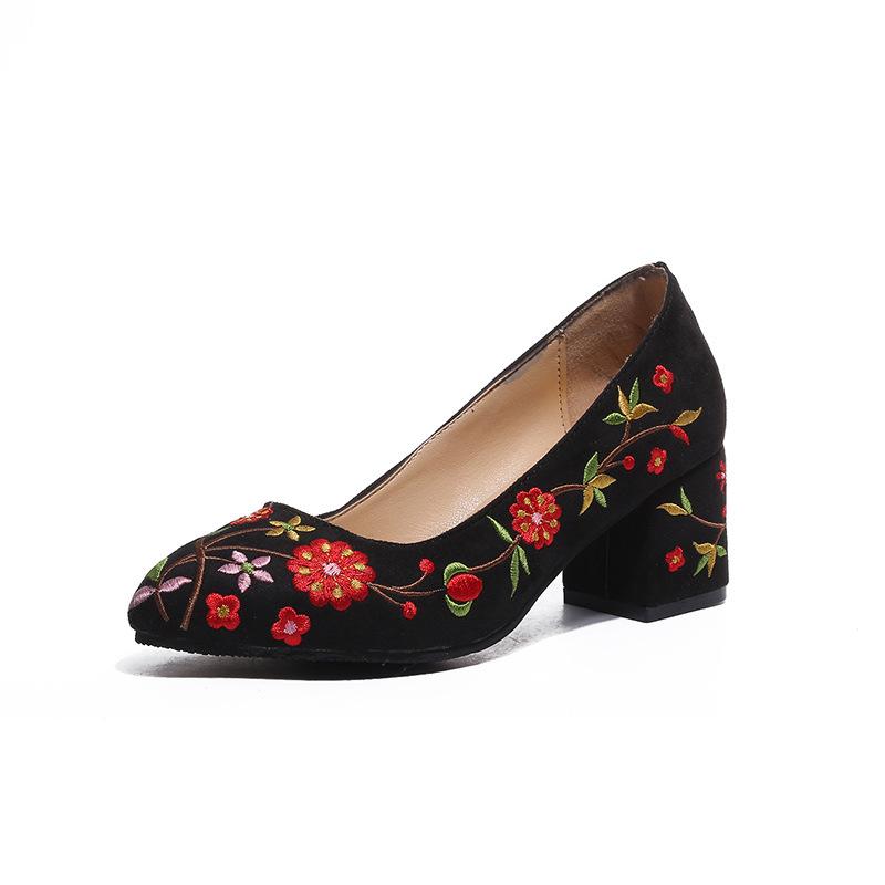 Summer Fashion Embroidery High Heels Pumps Women Elegant Pointed Toe Block Ladies Office Shoes Black Brown Dress