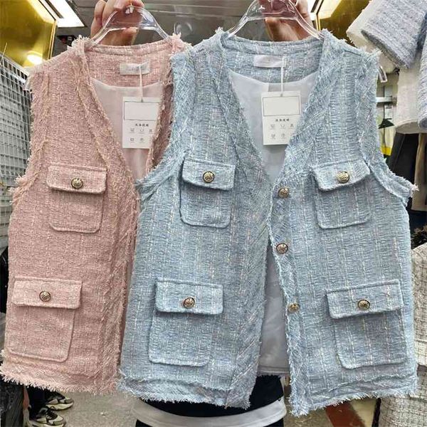 Spring Korean Casual Tweed Vest Jacket Women Fashion Single Breasted V Neck Sleeveless Woolen Coat Elegant Outerwear 210514