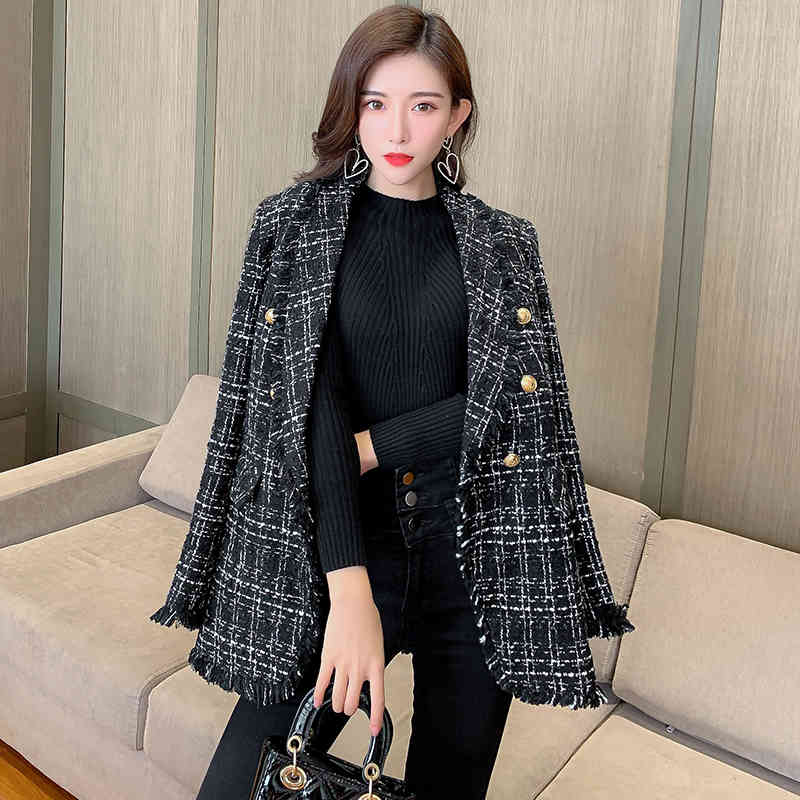 Women&#039;s Jackets Women Black Plaid Tweed Autumn Winter Office Ladies Pockets Frayed Trims Tassels Coats Female Vintage Thick Outerw