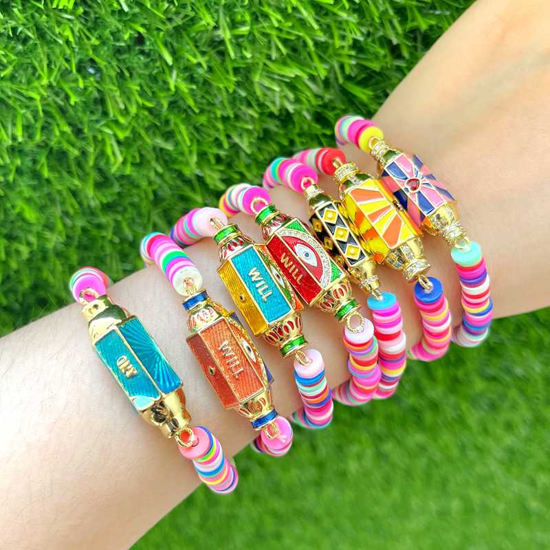 Link, Chain 5Pcs Colorful Polymer Clay Bracelet, Hexagon Enamel Connector Charm Bracelets, Gold Color Box Female Beaded Bracelets
