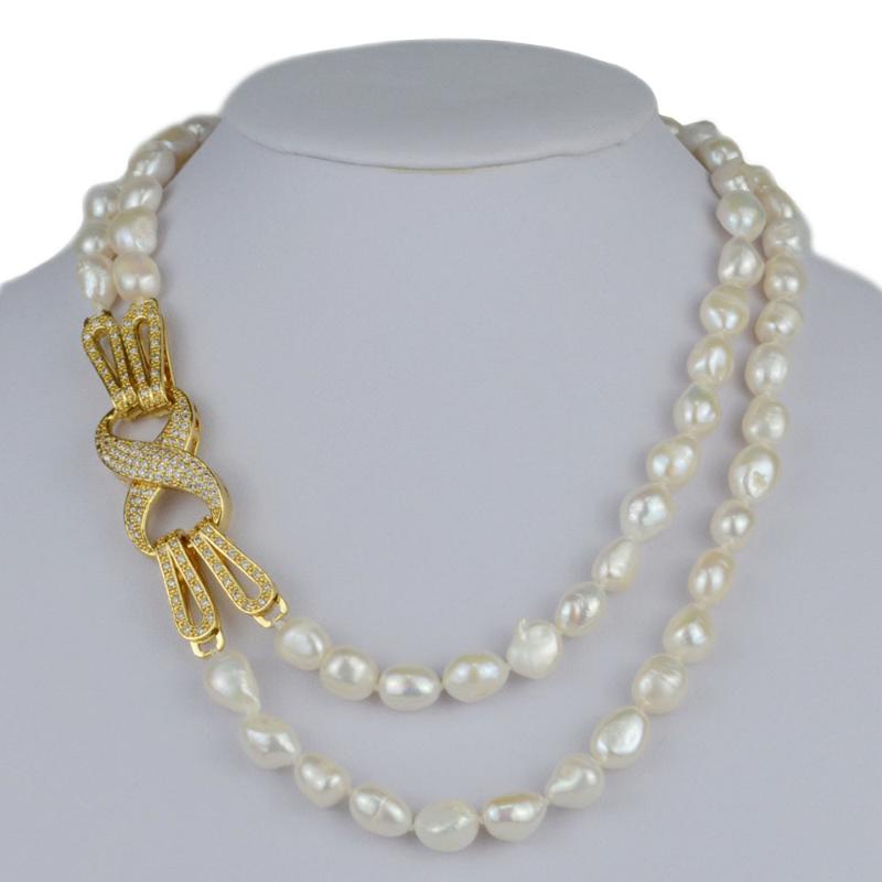 Chokers 2 Row 9-10mm White Freshwater Pearl Zircon Necklace 17-18inch Beads Hand Made Jewelry Making Natural Stone Accessories Wholesale