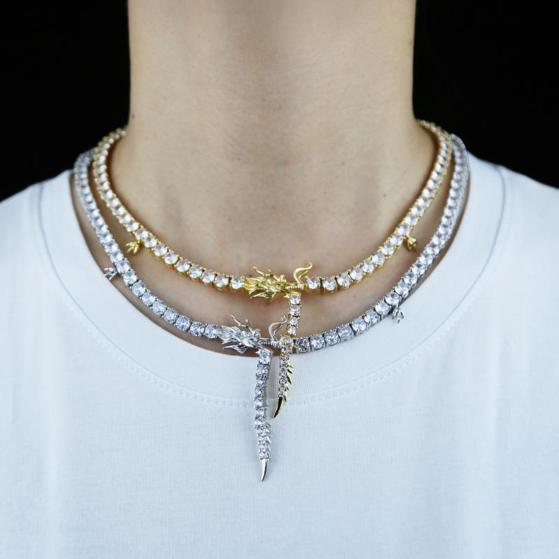 Chokers 2021 Iced Out Bling 5A Cubic Zirconia Tennis Chain Chinese Dragon CZ Charm Choker Necklaces For Women Men Hip Hop Cool Jewelry