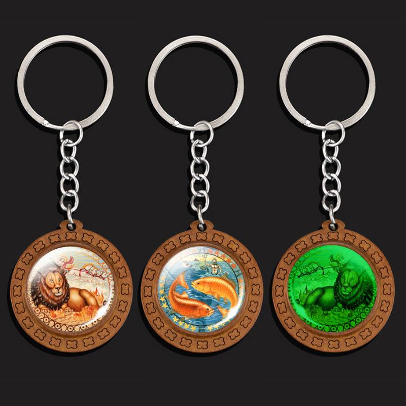 Keychains Unique Design 12 Constellation Handmade Wooden Keychain Zodiac Signs Keyrings For Women Men Birthday Party Gifts