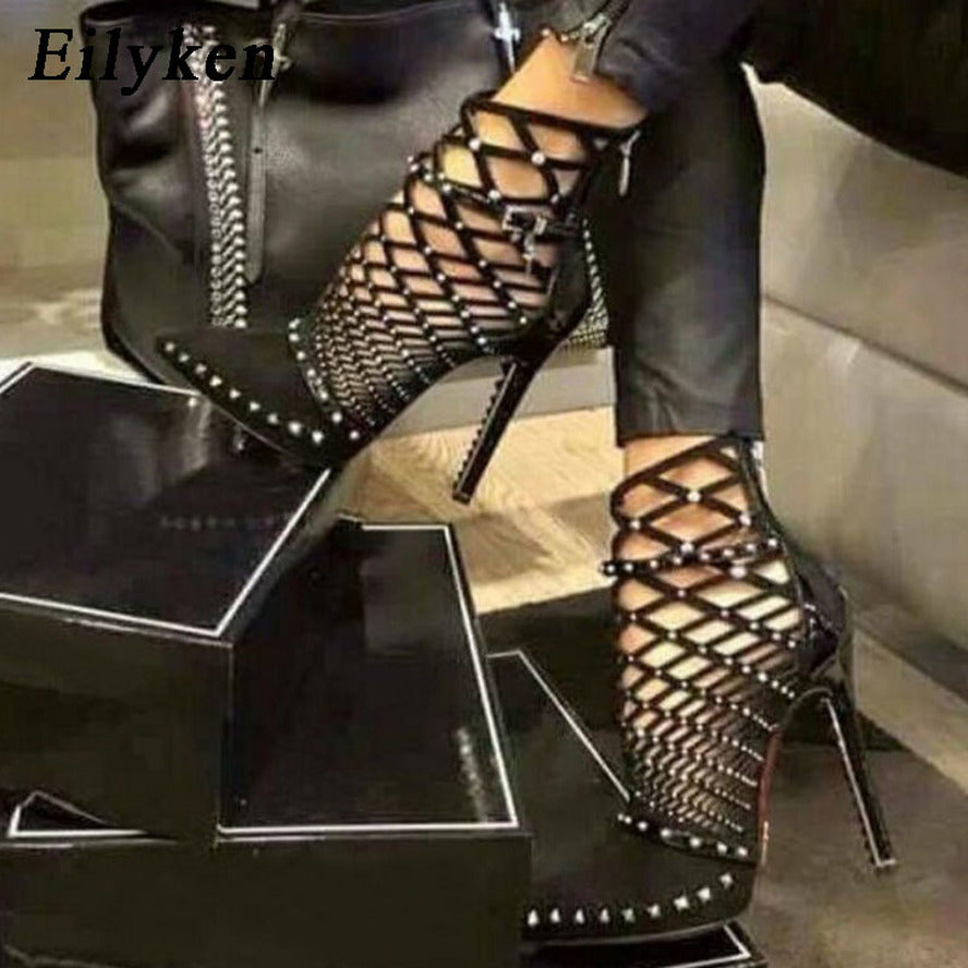 Gladiator Sandals Summer Spring Pointed Toe Studded Cut Out Caged Ankle Boots Stiletto Heel Women Shoes BTY008