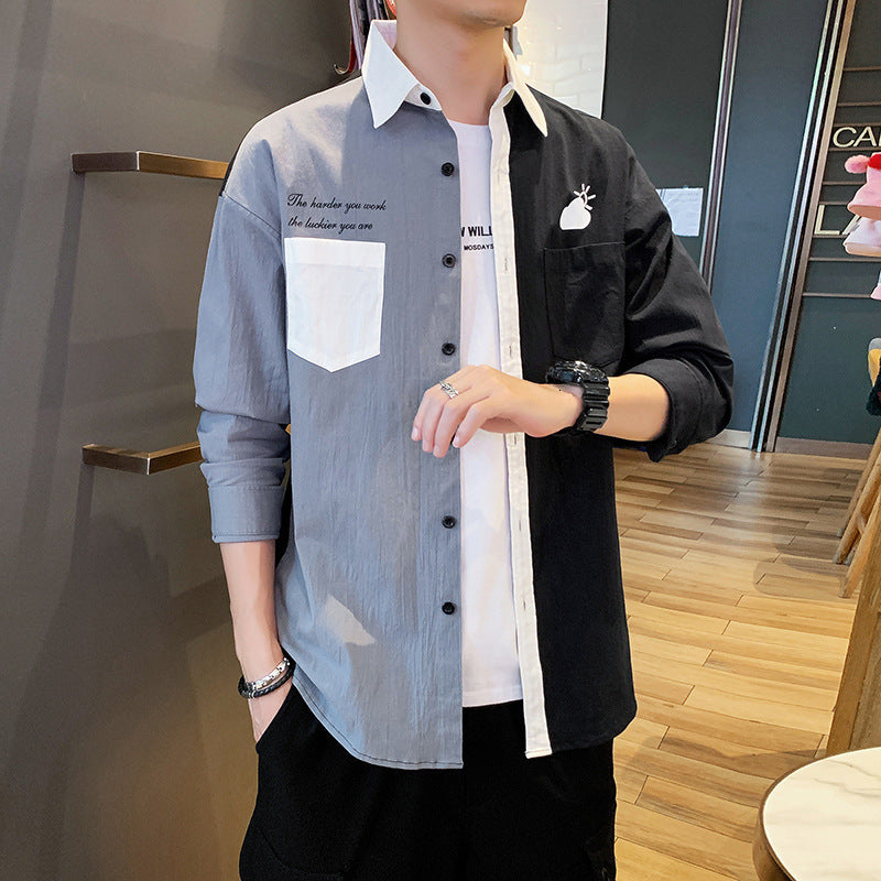 Spring Men&#039;s 2021 New Long Sleeve Shirt Korean Leisure Fashion Brand Youth Handsome Color Matching Top