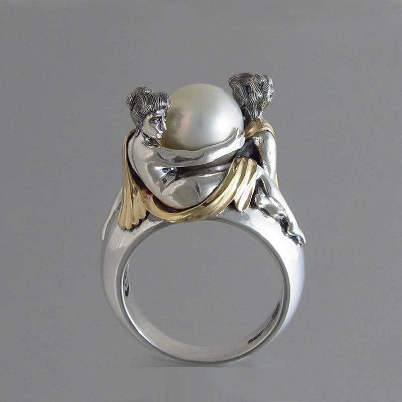 Wedding Rings Vintage Creative Romanticism Embrace Pearl Ring For Women Black And Silver Color Finger Party Jewelry Gifts
