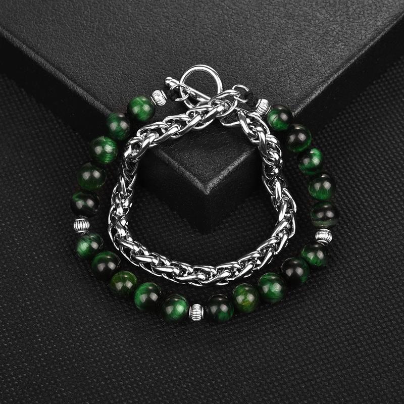 Link, Chain YAKAMOZ Classic Natural Stone Beads Strand Bracelets Men Stainless Steel Cuban Link Bracelet Punk Hiphop Male Jewelry Gift