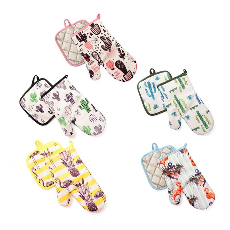 Oven Mitts 2PCS Cactus Flamingo Pattern Creative Anti-Scald Gloves Insulated Pad Microwave Kitchen Pot Holder Placemat