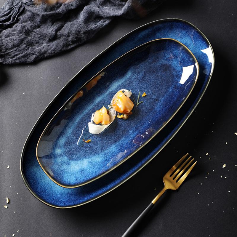 Dishes & Plates Oval Blue Ceramic Sushi Plate Dessert Snack Fruit And Long Shape Dish For Fish Dinner Tableware Platos De Ceramica