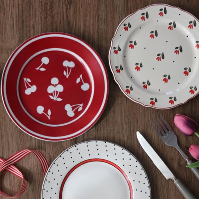 Dishes & Plates Korean Ins Household Kitchen Small Red Flower Cherry Plate Ceramic Tableware Home Dessert Disc Cake