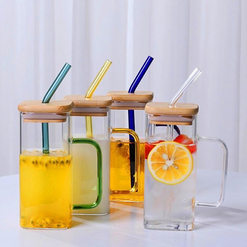 Mugs 350ML Creative Square Straw Mug Modern Fashion Juice Cup With Handle Bamboo Lid Cold Drink Single Layer Glass Milk
