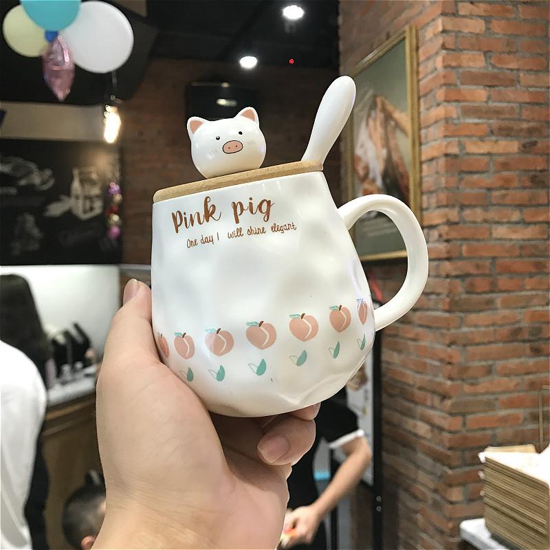 Mugs Creative Cute Pig Mug Coffee Milk Water Pink Girl&#039;s Heart Cartoon Ceramic Cup With Lid Spoon For Gifts