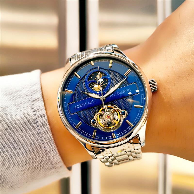 Wristwatches AOKULASIC Men&#039;s Watch Top Brand Mechanical Gift Men Hollowing Out Fashion Business Waterproof Automatic Wrist Clock