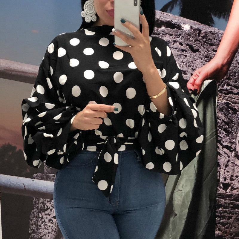 Women&#039;s Knits & Tees Women Polka Dot Blouses Tops Black Sashes Long Puff Sleeves White Red Plus Size XXXL Ladies Fashion Casual Sp
