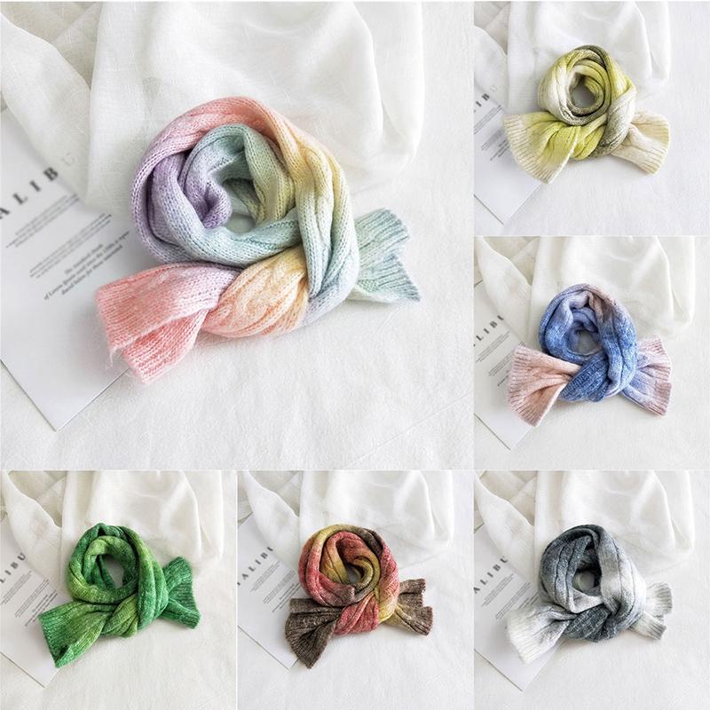 Scarves Winter Thicken Warm Candy Color Tie-dye Sweet Knitted Wool Scarf Women Double-sided Soft Patchwork Shawls Wraps