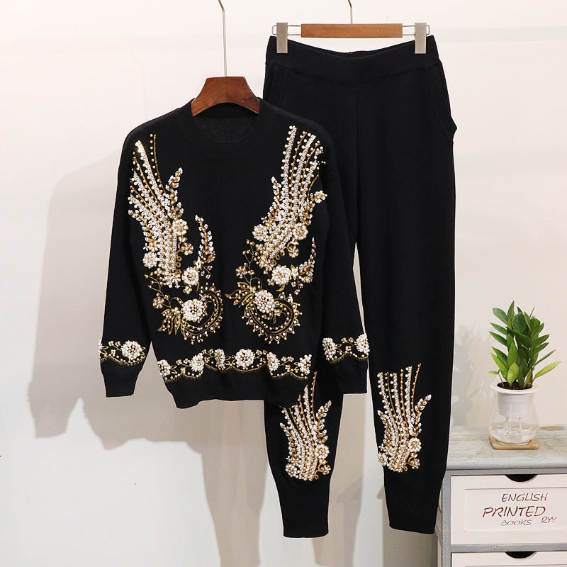 Women&#039;s Two Piece Pants Sequin Bedding Sets Women Pullovers Trousers Spring Long Sleeve Knit Sweater Tops Knitted Harem 2 Pieces T