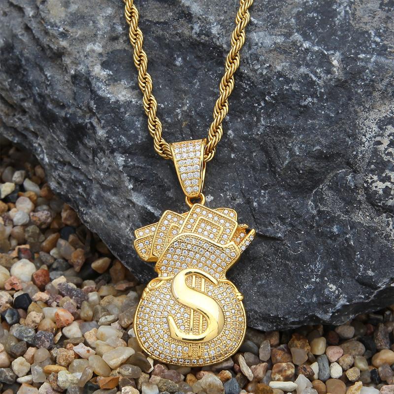 Pendant Necklaces Fashion Hip Hop Necklace Jewelry Classic US Dollar Money Bag With Stainless Steel Chain Bling Cubic Zircon Men&#039;s Gifts