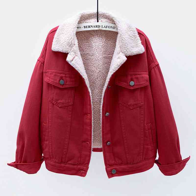 Women&#039;s Jackets Korean 6 Color Bat sleeve Short Denim Women Red Pink Outerwear Loose Winter Thick Warm Lamb Fur Liner Jeans Female