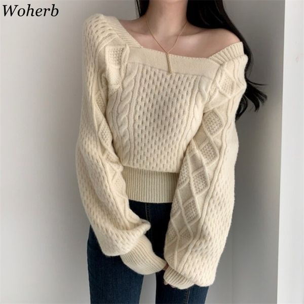 Square Collar Women Sweater Autumn Winter Puff Sleeve Twist Knitted Pullover Tops Korean Causal Pull Femme 210519