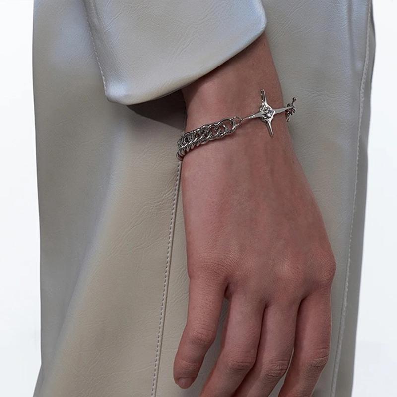 Link, Chain Punk Style Cuban Four-pointed Star Zricon Bracelet For Men Hip Hop Rapper Jewelry Gothic Party Accessories Friend Gift