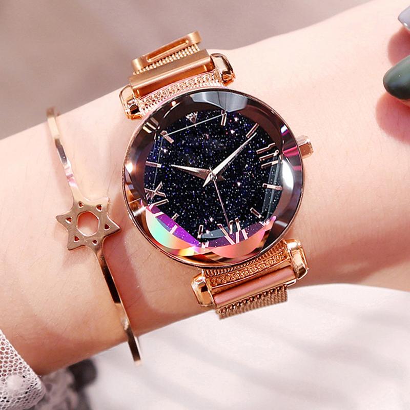 Wristwatches Starry Sky Mesh Belt Women&#039;s Watches Rose Gold Bracelet Ladies Watch Women 2021 Fashion Clock Gift Relogio Feminino Saat