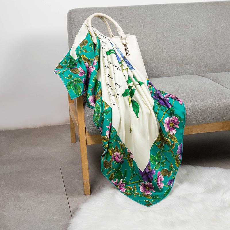 Scarves Luxury Hijab Silk Scarf For Women Square Shawl Floral Print Kerchief Green Neck Scarfs Female 90*90cm And Shawls Wraps