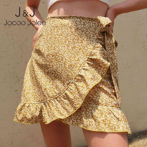 Boho Floral Print Beach Skirt Elegant High Waist Lace Up Ruffles Mini Skirts Casual Zipper Irregular Short Skirt Summer 210518