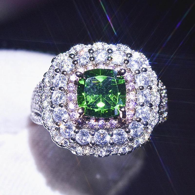 Cluster Rings Luxury Flower Green Crystal Emerald Gemstones Diamonds For Women White Gold Silver Color Bague Jewelry Bijoux Wedding Gift