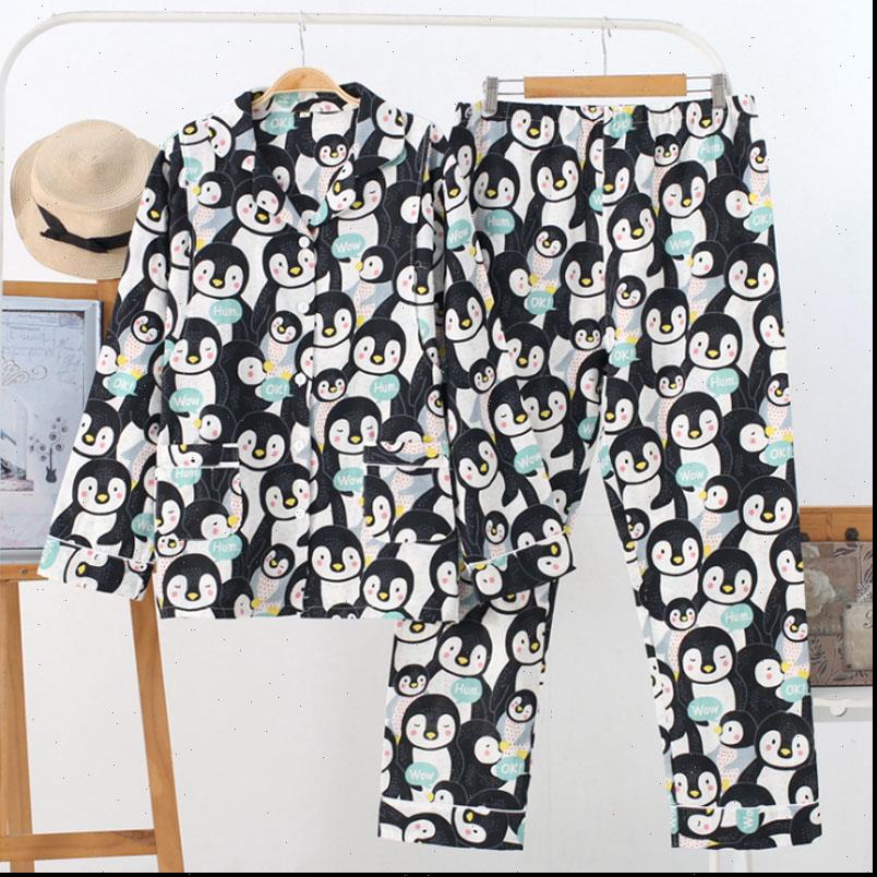 Penguins Cartoon Print Lovely Summer Womens Sleepwears V Neck Cute Pyjamas Long Sleeve Loose Pyjama Plus Size Ladys Homesuit