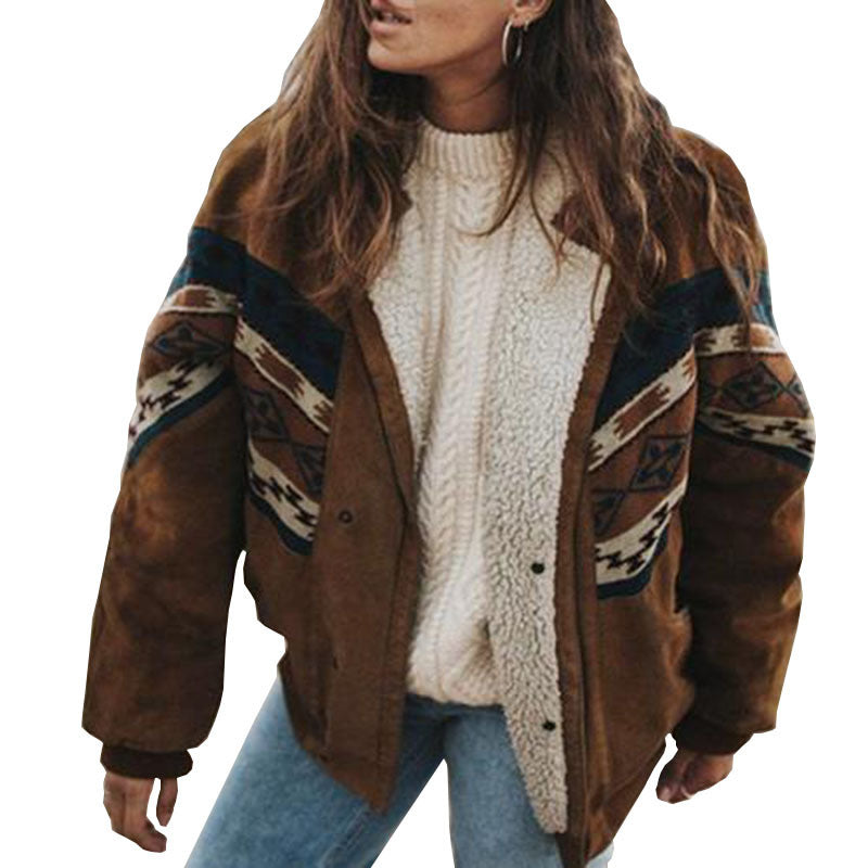 Women&#039;s Wool & Blends Winter Lambswool Oversized Coat Cardigan Female Bohemian Ethnic Tribe Warm Jackets Women Patchwork Outerwear
