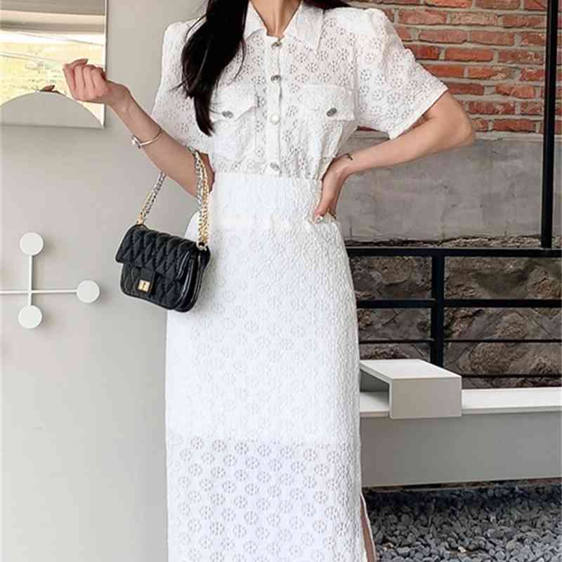Two Piece Dress New Lace 2 Pieces Set Women Summer White Shirts Blouses And Split Sheath Bodycon Skirts Korean Chic Office Lady Su
