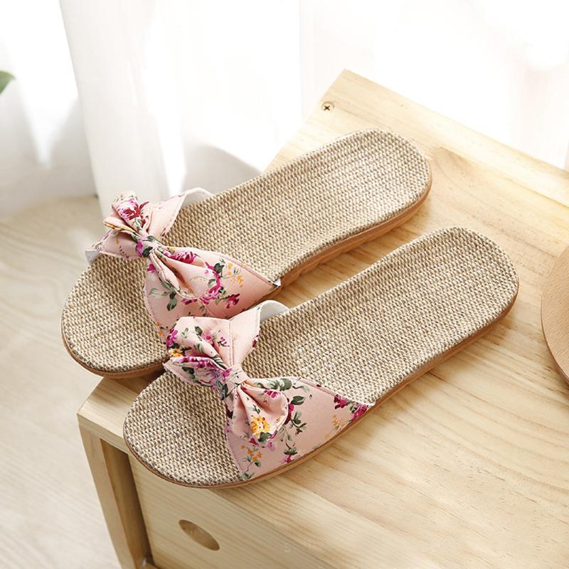 Slippers JAYCOSIN Women Flax Summer Casual Slides Beach Shoes Ladies Indoor Home Linen Floral Bow-knot Flip Flops